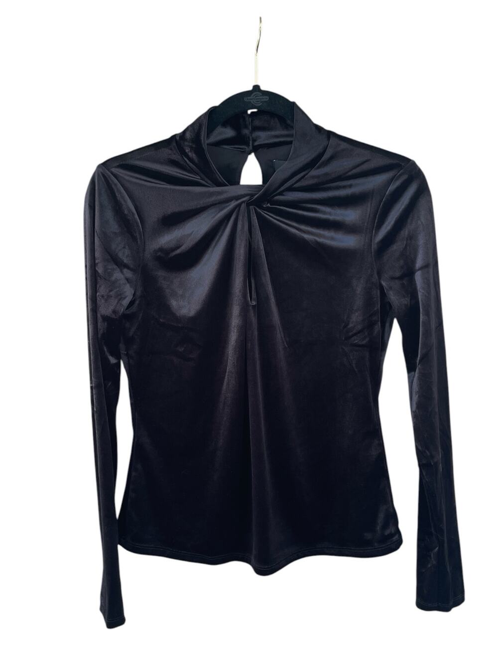 WHBM Blouse Velvet Twist Neck Top Black Long Sleeve Stretch NWT Size S Forme